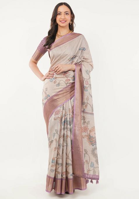 Cream Printed Polyester Saree Set