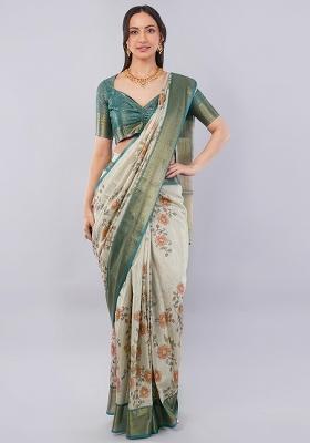 Beige Printed Polyester Saree Set