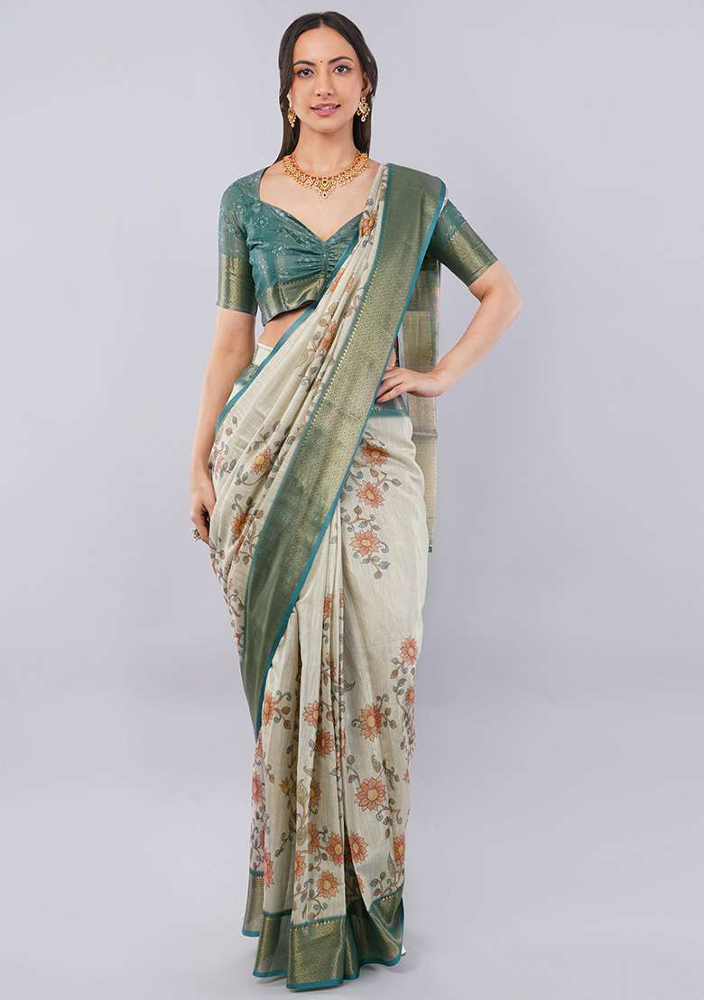 Beige Printed Polyester Saree Set - Indya