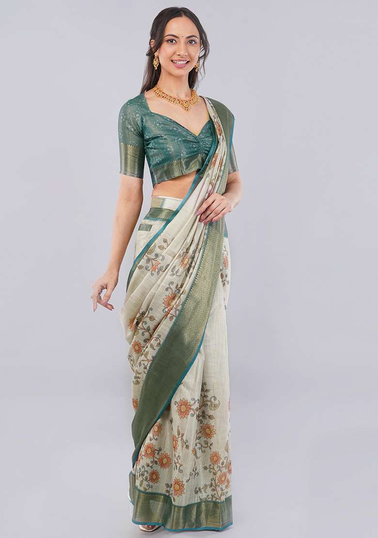 Beige Printed Polyester Saree Set - Indya