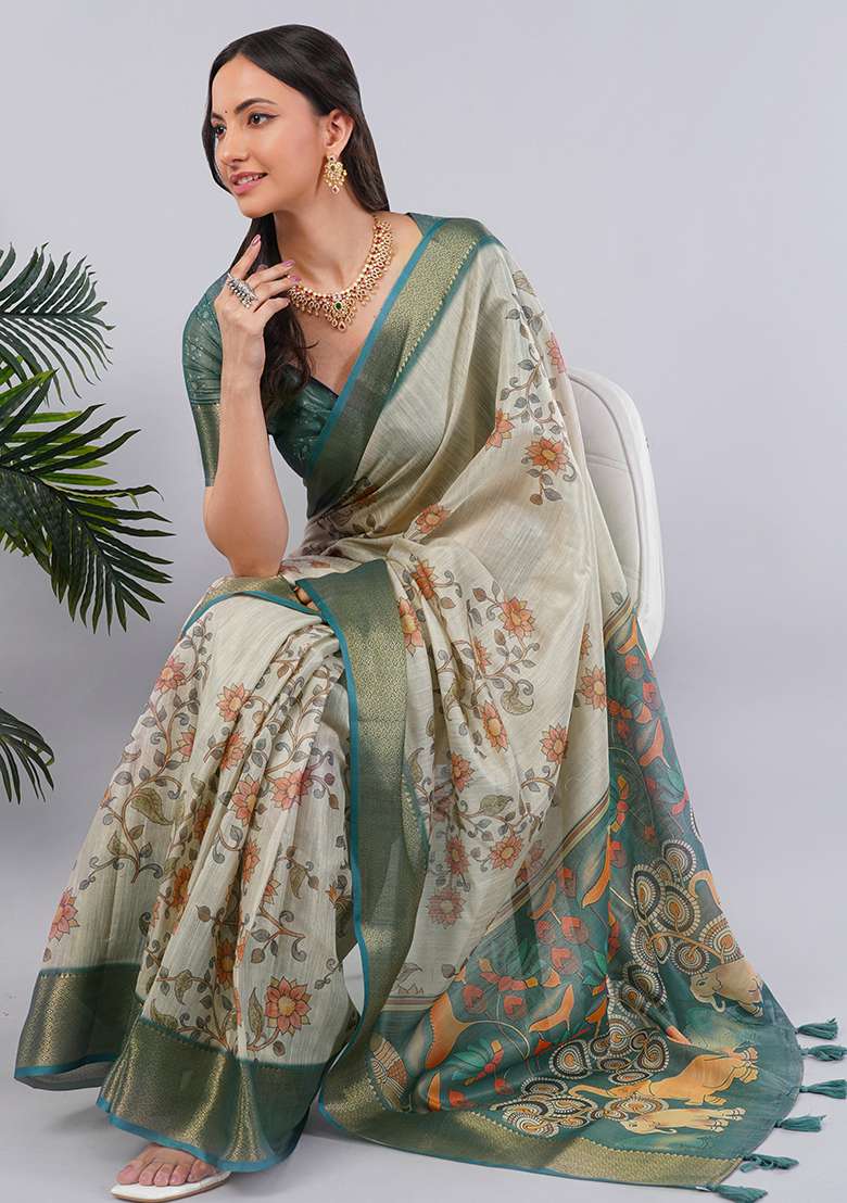 Beige Printed Polyester Saree Set - Indya