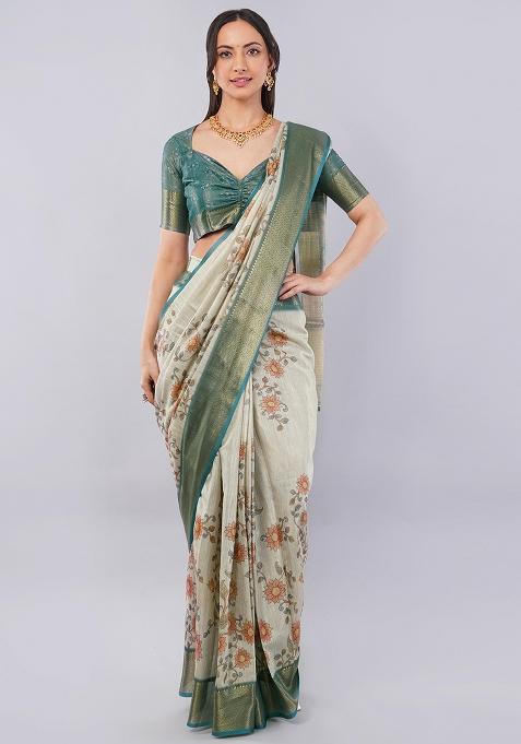 Beige Printed Polyester Saree Set