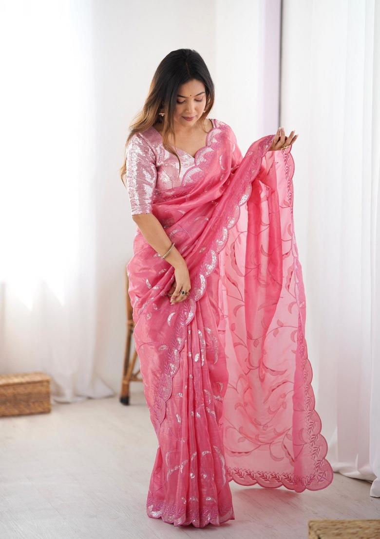 Pink Sequins Work Gold Crush Saree Set - Indya
