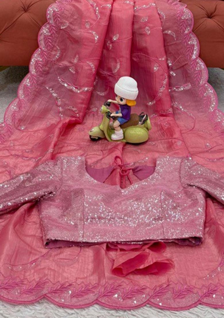 Pink Sequins Work Gold Crush Saree Set - Indya