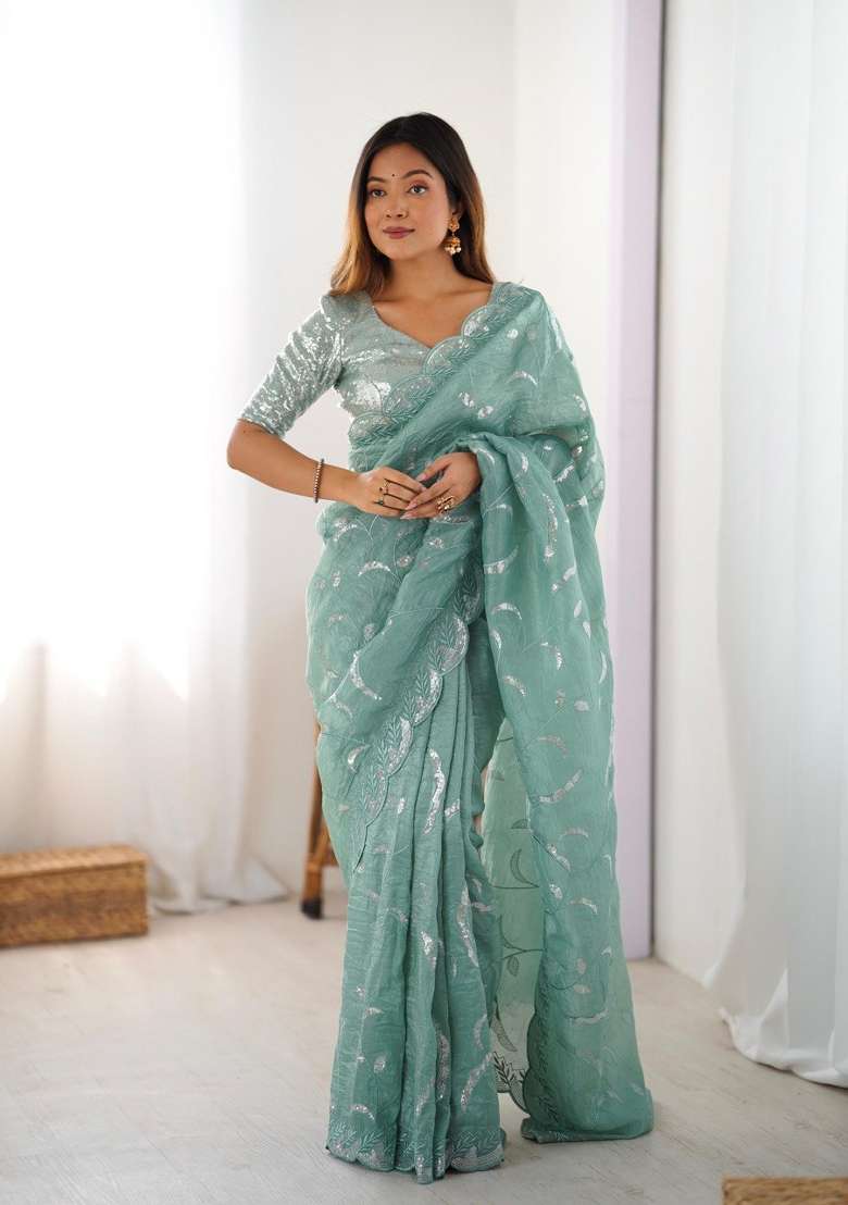 Sea Green Sequins Work Gold Crush Saree Set - Indya