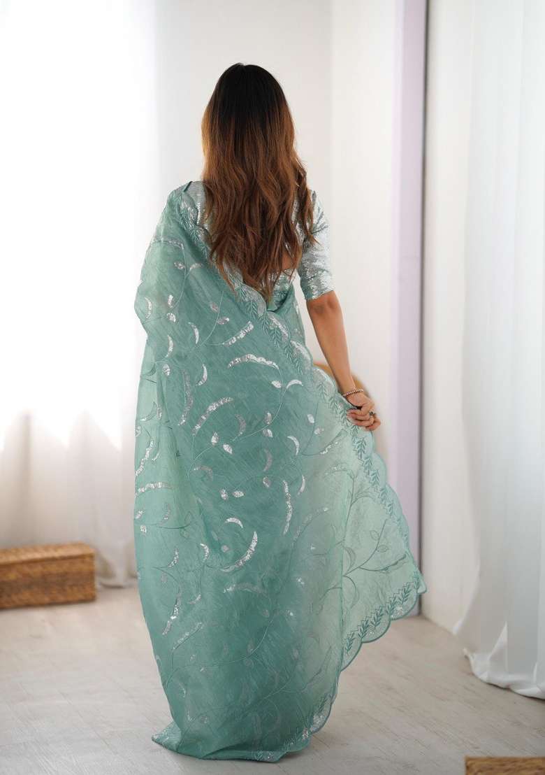 Sea Green Sequins Work Gold Crush Saree Set - Indya