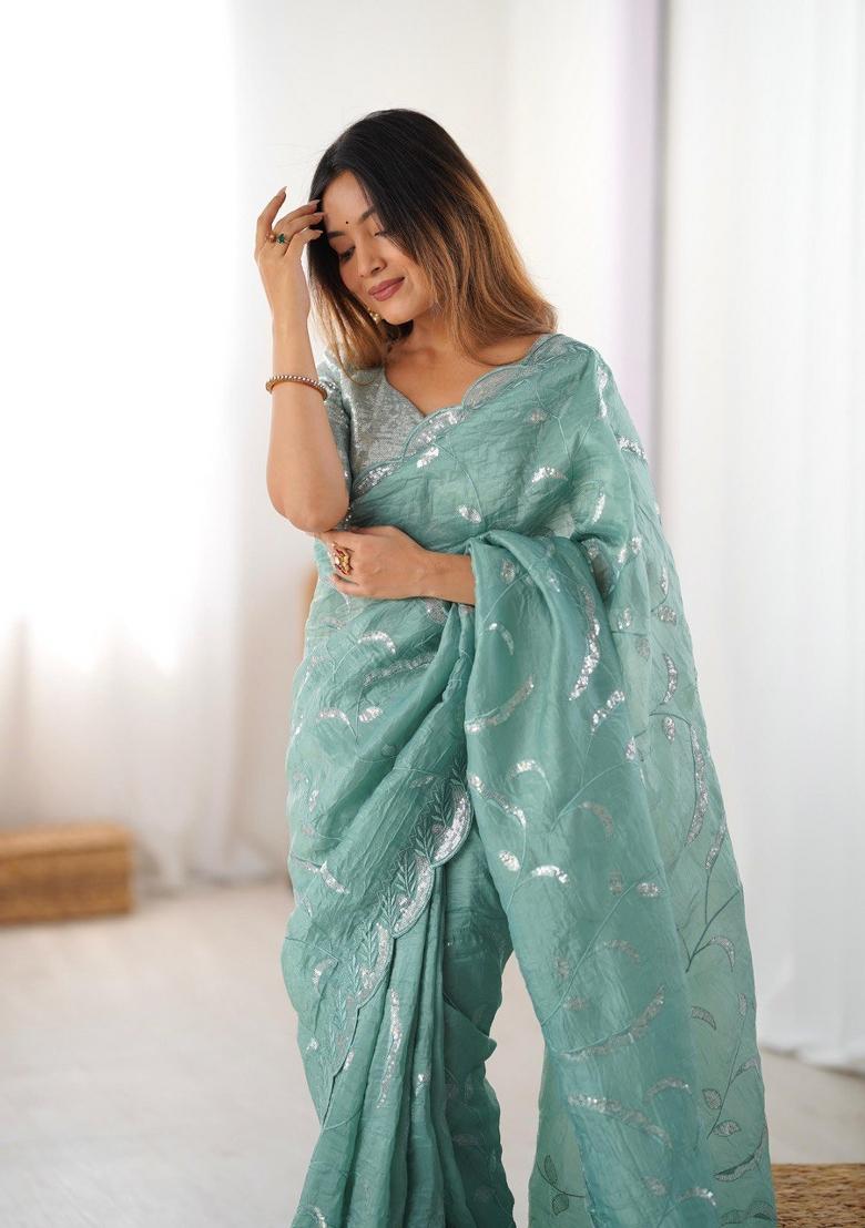 Sea Green Sequins Work Gold Crush Saree Set - Indya