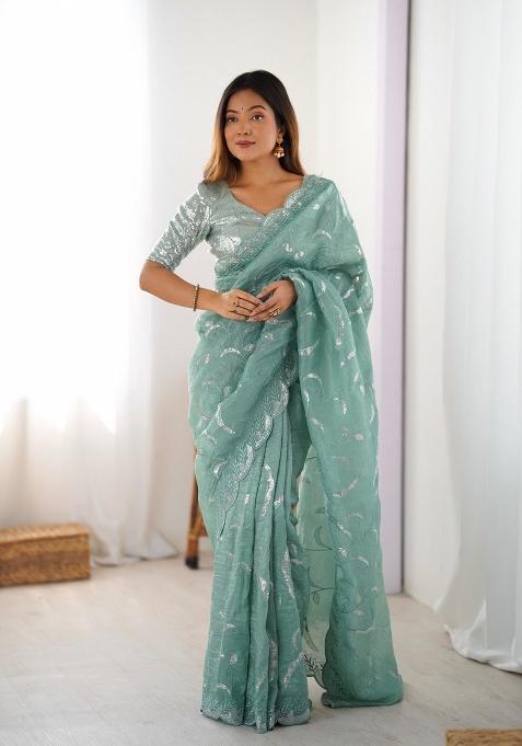 Sea Green Sequins Work Gold Crush Saree Set