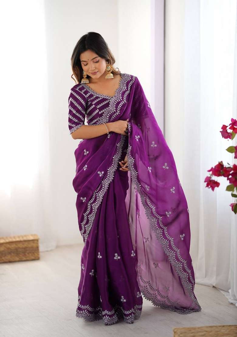 Purple Thread And Sequins Work Jimmy Choo Saree Set - Indya