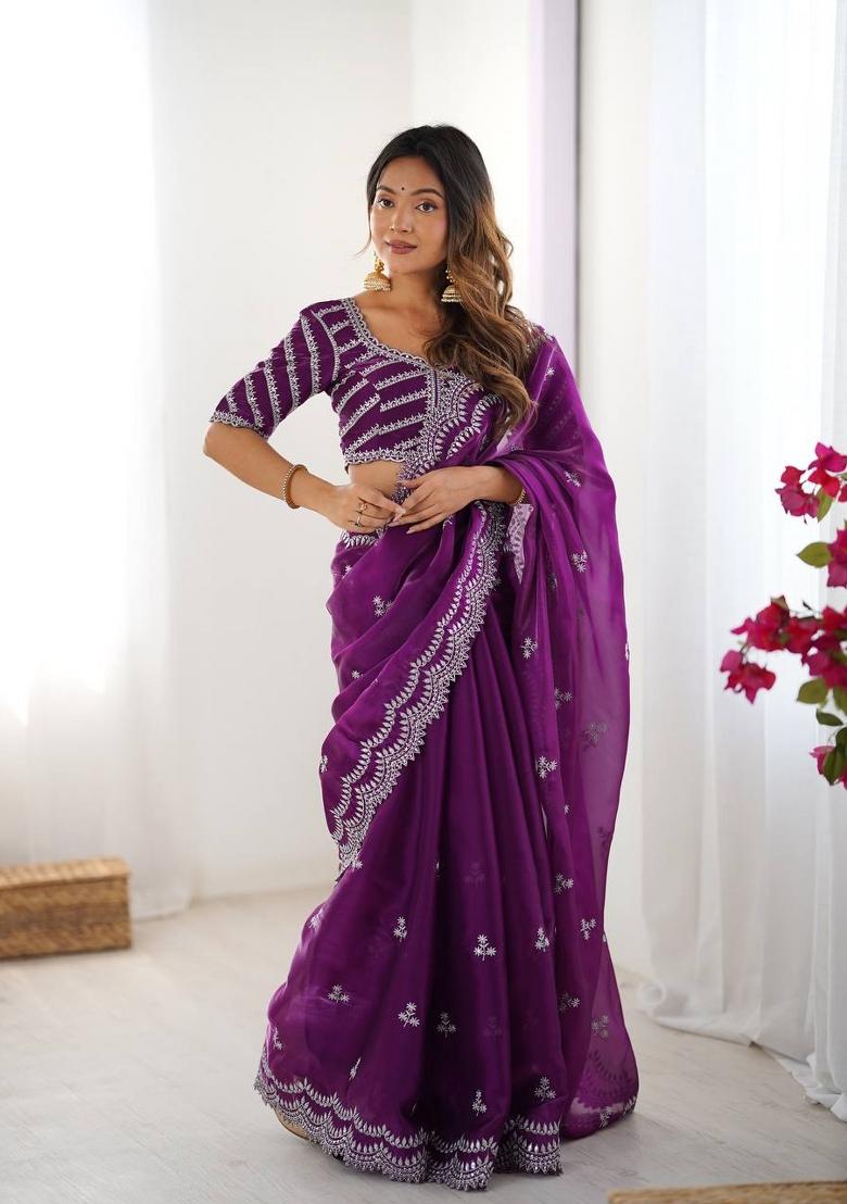 Purple Thread And Sequins Work Jimmy Choo Saree Set - Indya