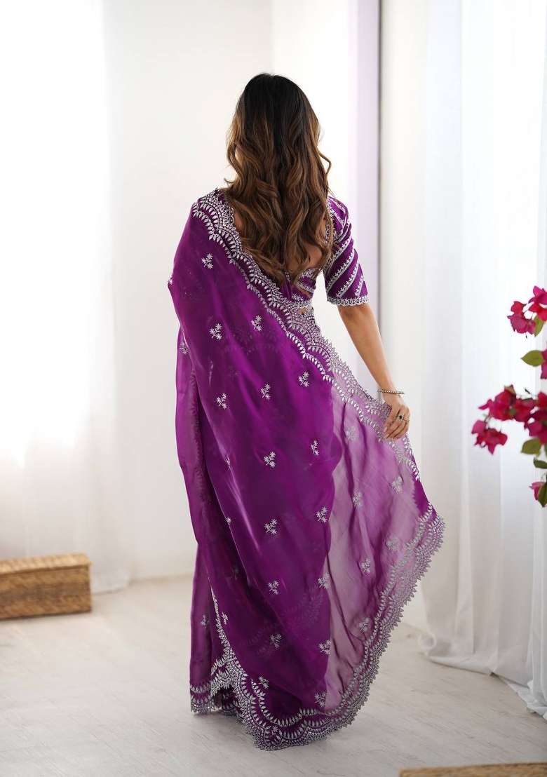 Purple Thread And Sequins Work Jimmy Choo Saree Set - Indya