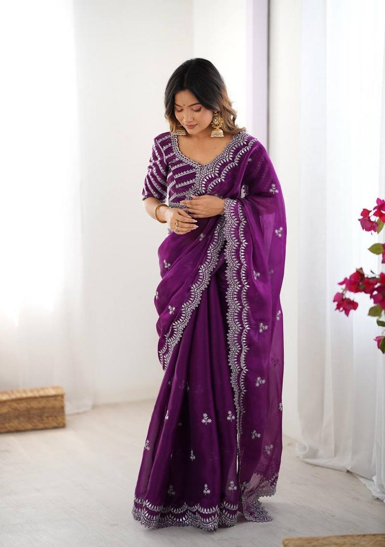 Purple Thread And Sequins Work Jimmy Choo Saree Set - Indya