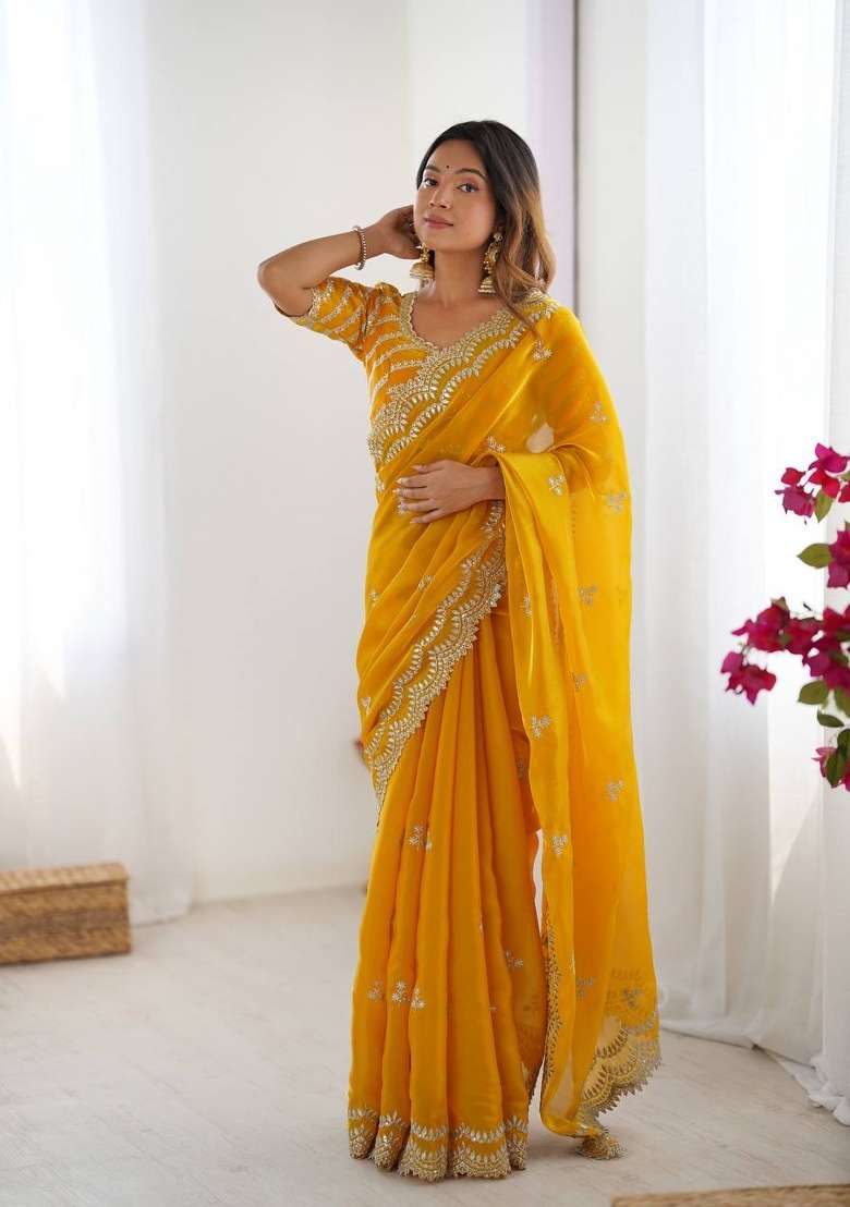 Yellow Thread And Sequins Work Jimmy Choo Saree Set - Indya