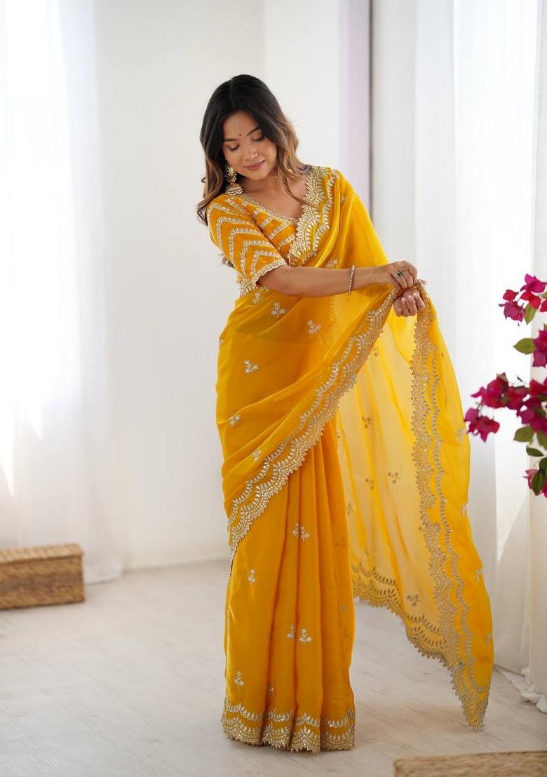Yellow Thread And Sequins Work Jimmy Choo Saree Set - Indya