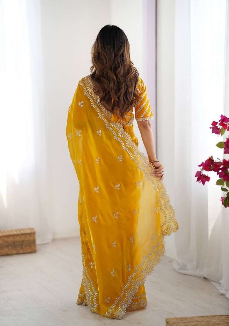 Yellow Thread And Sequins Work Jimmy Choo Saree Set - Indya