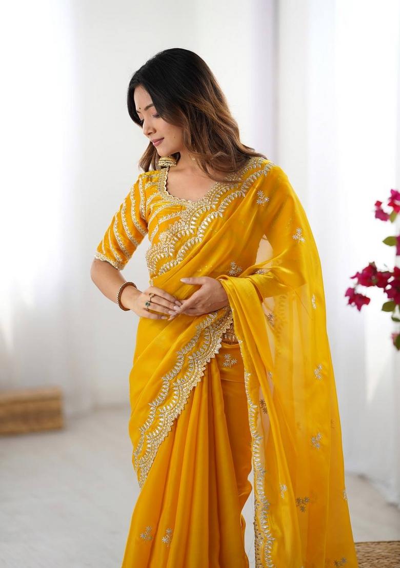 Yellow Thread And Sequins Work Jimmy Choo Saree Set - Indya