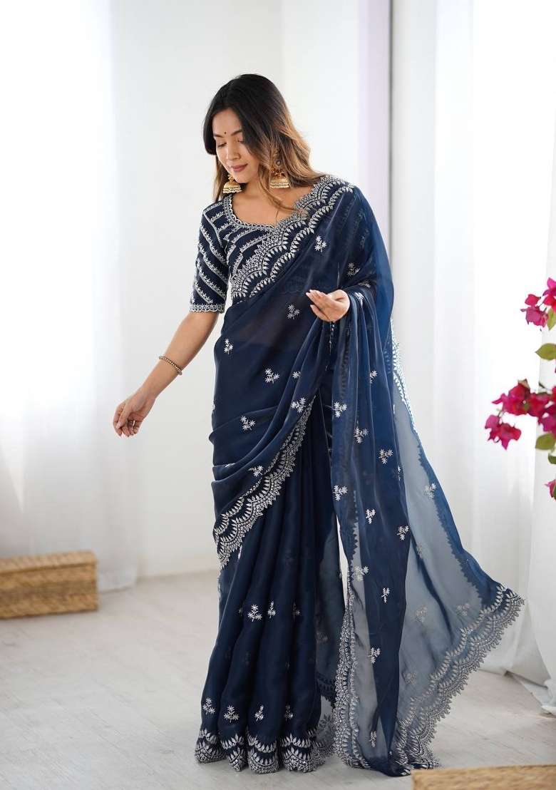 Navy Blue Thread And Sequins Work Jimmy Choo Saree Set - Indya