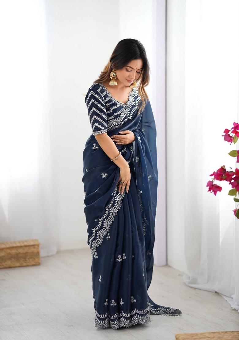 Navy Blue Thread And Sequins Work Jimmy Choo Saree Set - Indya