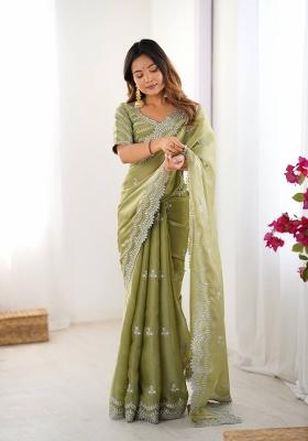 Olive Green Thread And Sequins Work Jimmy Choo Saree Set