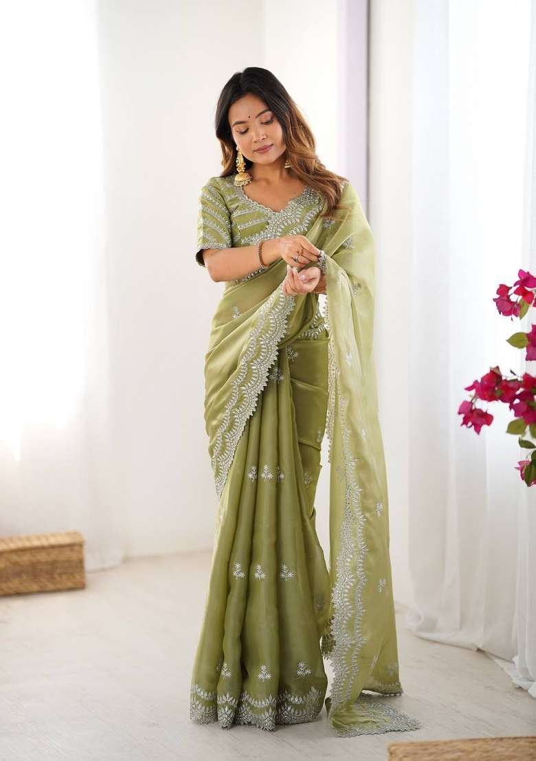 Olive Green Thread And Sequins Work Jimmy Choo Saree Set - Indya