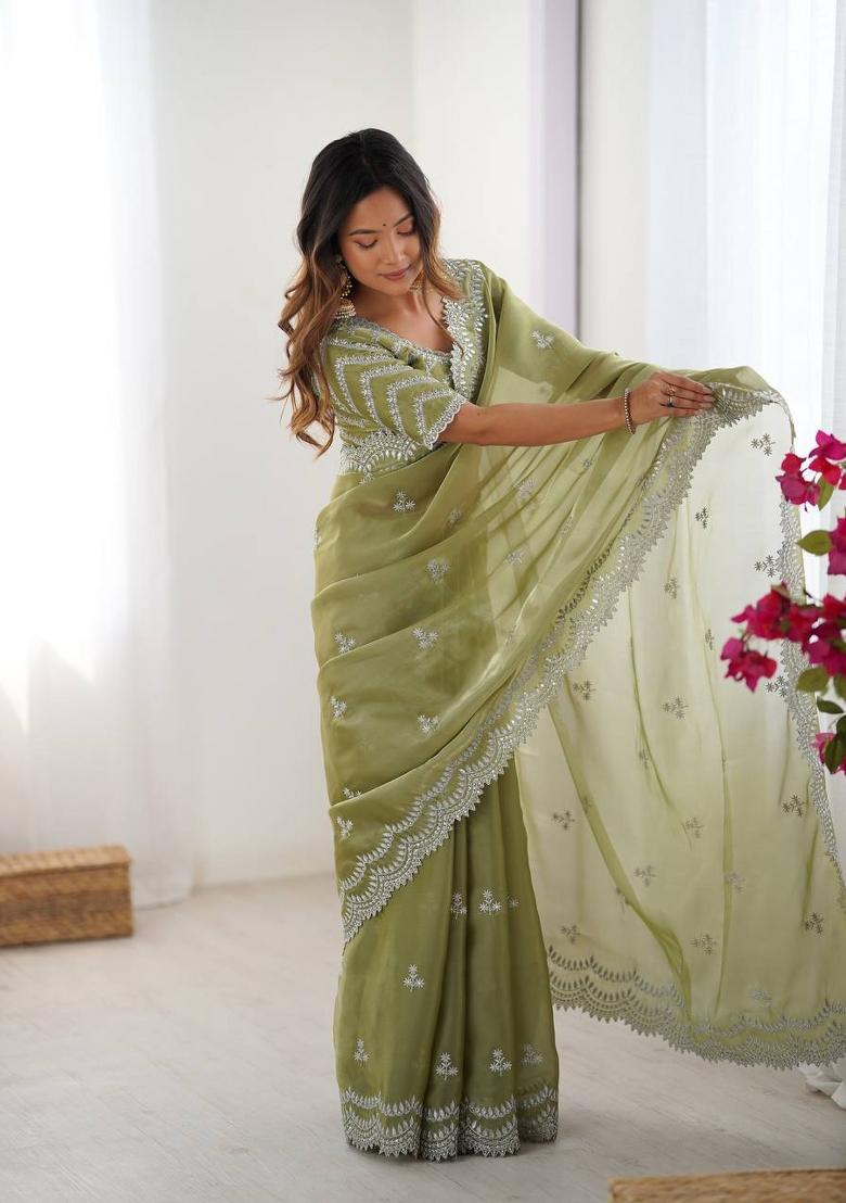 Olive Green Thread And Sequins Work Jimmy Choo Saree Set - Indya