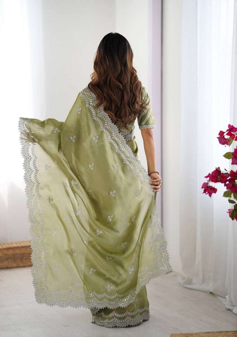Olive Green Thread And Sequins Work Jimmy Choo Saree Set - Indya