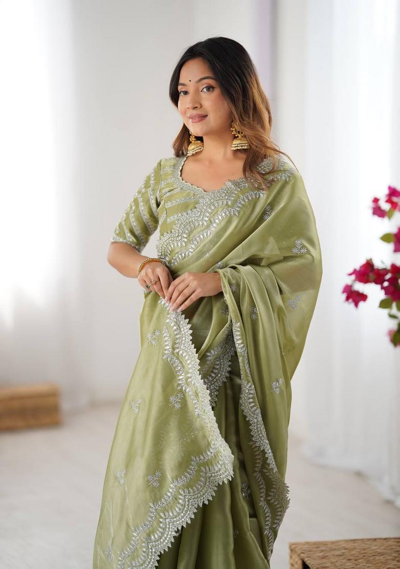 Olive Green Thread And Sequins Work Jimmy Choo Saree Set - Indya