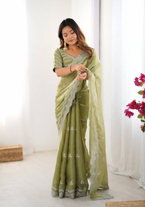 Olive Green Thread And Sequins Work Jimmy Choo Saree Set