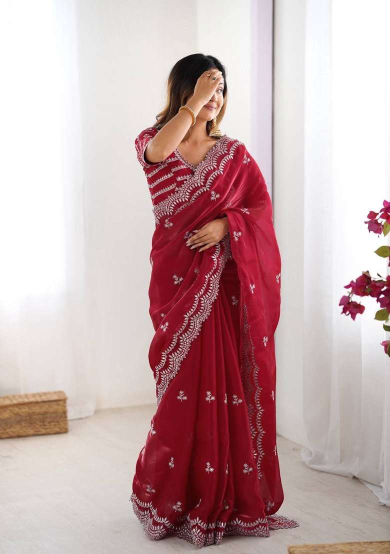 Red Thread And Sequins Work Jimmy Choo Saree Set - Indya