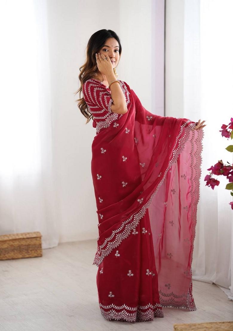 Red Thread And Sequins Work Jimmy Choo Saree Set - Indya
