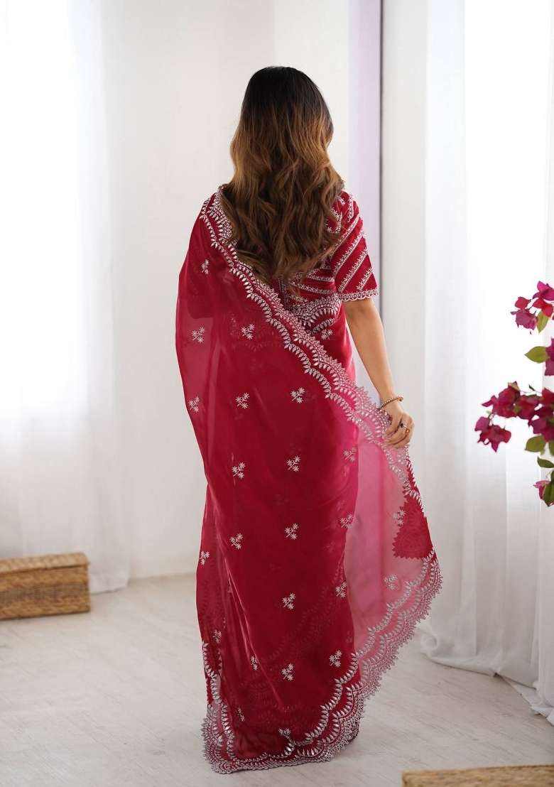 Red Thread And Sequins Work Jimmy Choo Saree Set - Indya