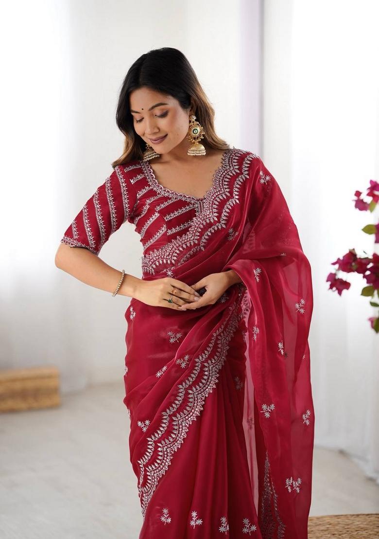 Red Thread And Sequins Work Jimmy Choo Saree Set - Indya