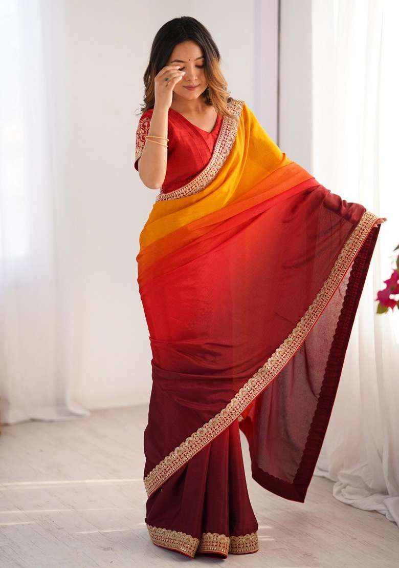 Red Orange Thread And Sequins Work Silk Blend Saree Set - Indya