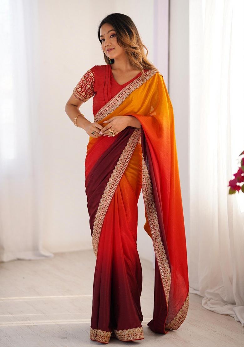 Red Orange Thread And Sequins Work Silk Saree Set - Indya