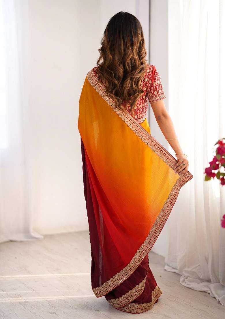 Red Orange Thread And Sequins Work Silk Blend Saree Set - Indya