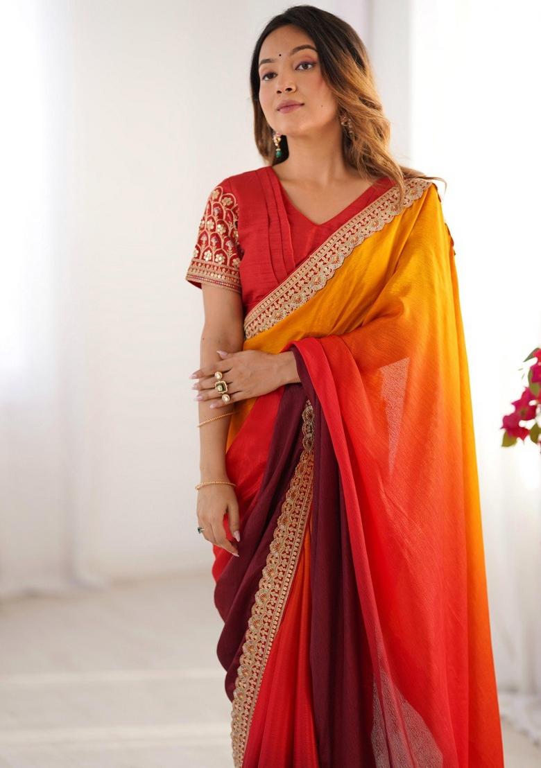 Red Orange Thread And Sequins Work Silk Saree Set - Indya