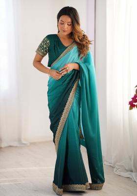 Teal Green Thread And Sequins Work Silk Saree Set