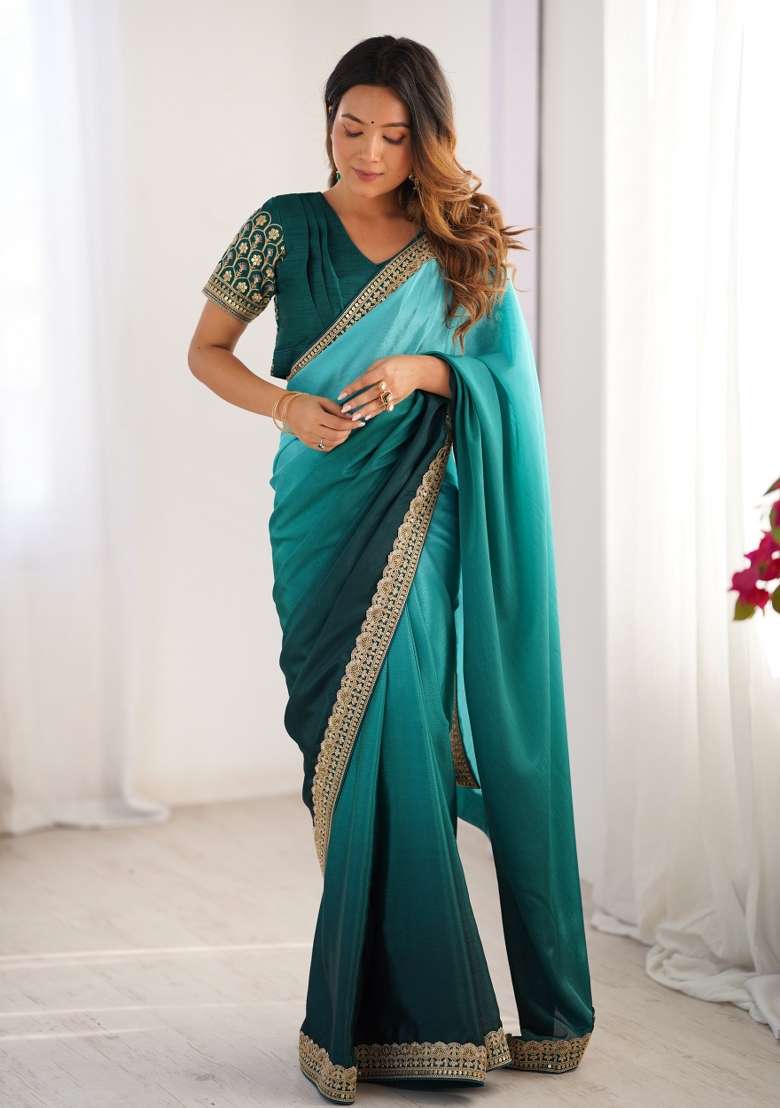 Teal Green Thread And Sequins Work Silk Blend Saree Set - Indya