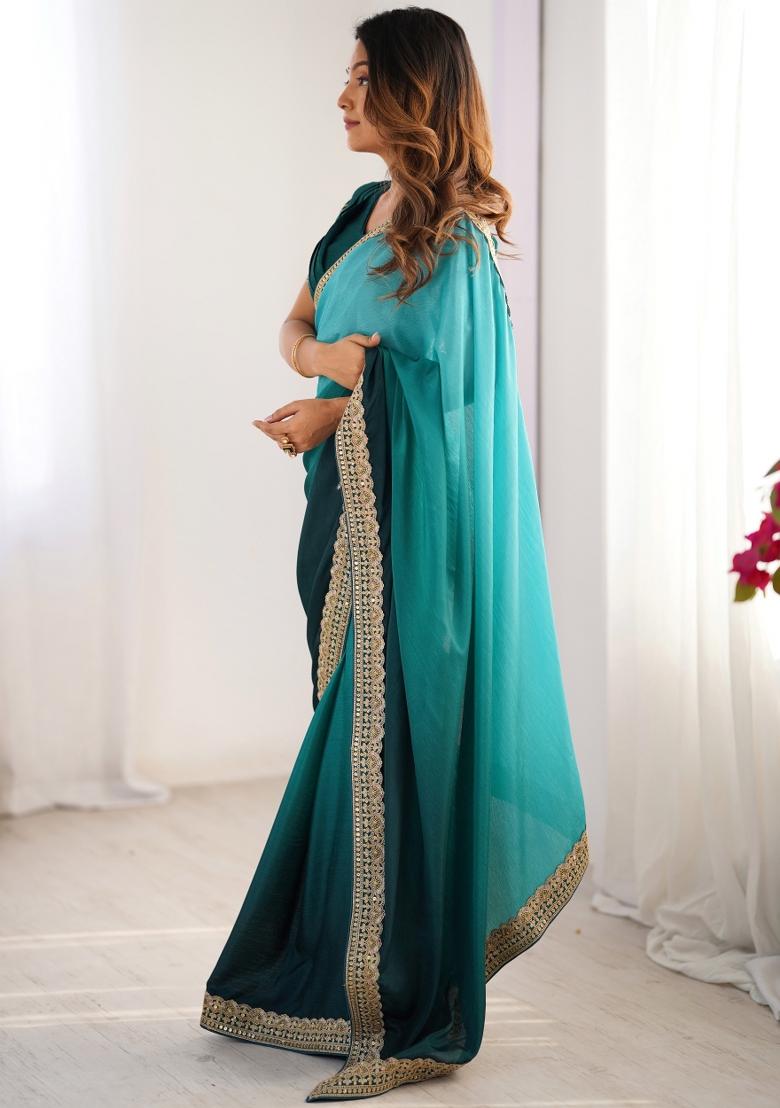 Teal Green Thread And Sequins Work Silk Saree Set - Indya