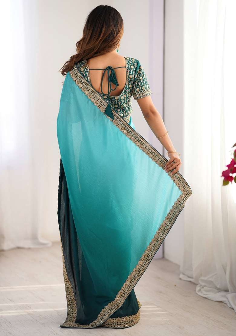 Teal Green Thread And Sequins Work Silk Blend Saree Set - Indya