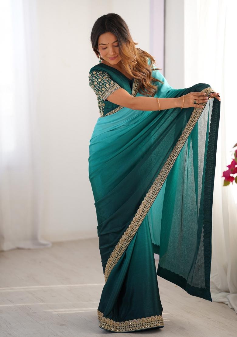 Teal Green Thread And Sequins Work Silk Saree Set - Indya