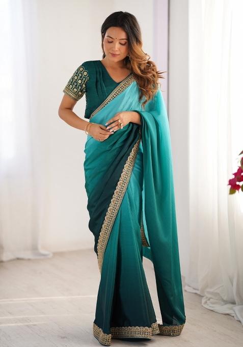 Teal Green Thread And Sequins Work Silk Saree Set