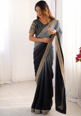 Charcoal Grey Thread And Sequins Work Silk Saree Set