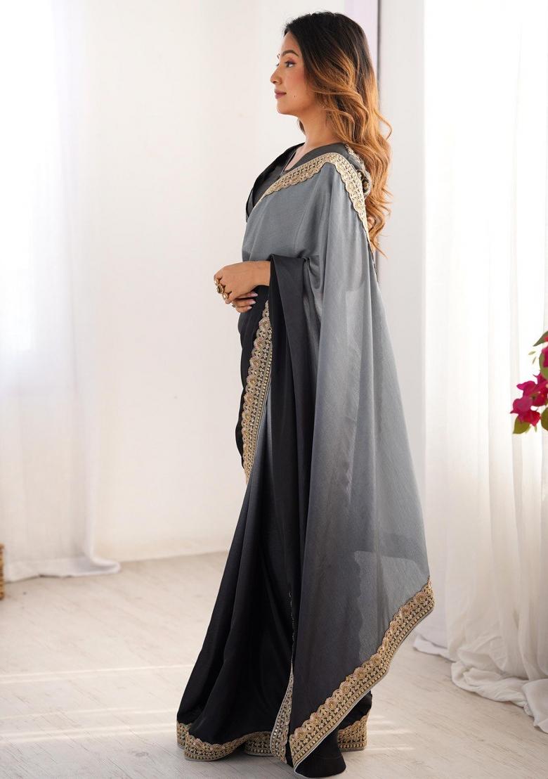 Charcoal Grey Thread And Sequins Work Silk Saree Set - Indya