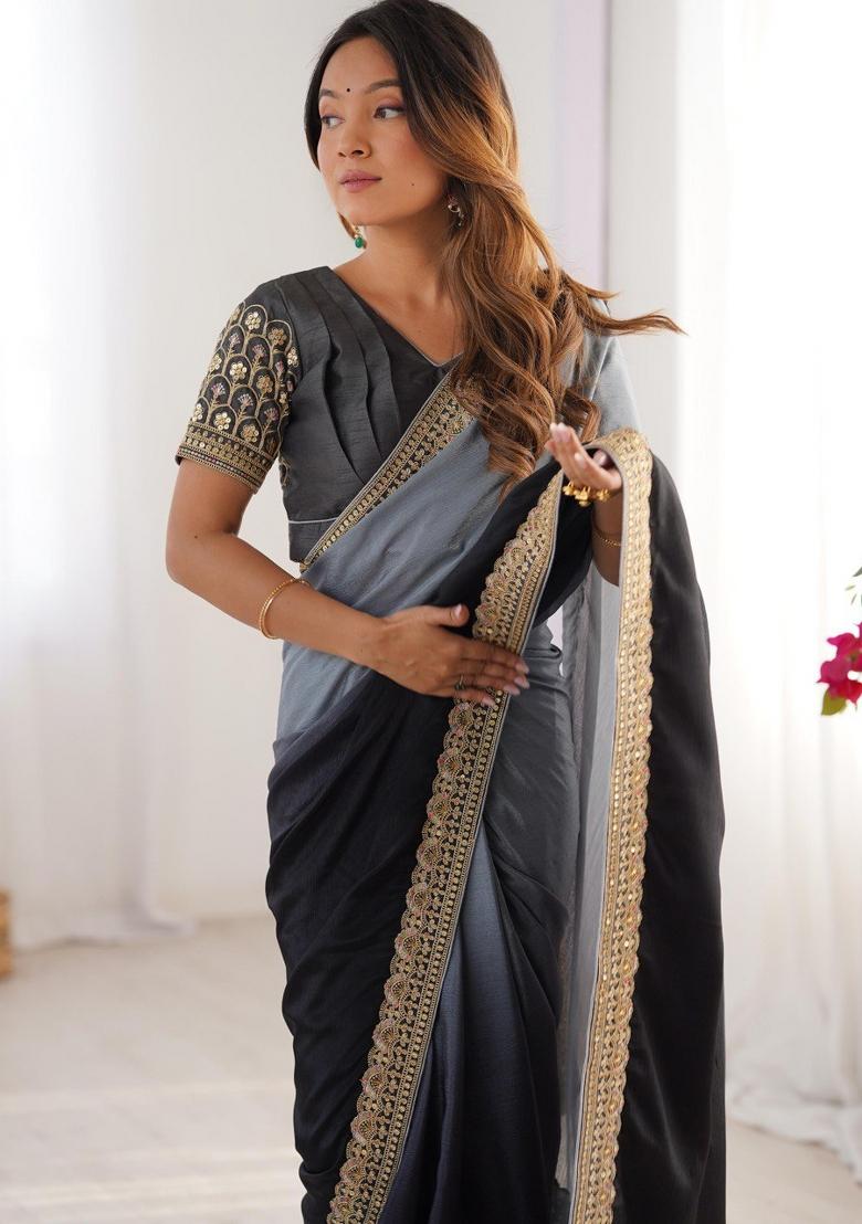 Charcoal Grey Thread And Sequins Work Silk Saree Set - Indya