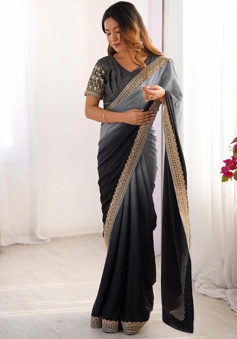 Charcoal Grey Thread And Sequins Work Silk Saree Set