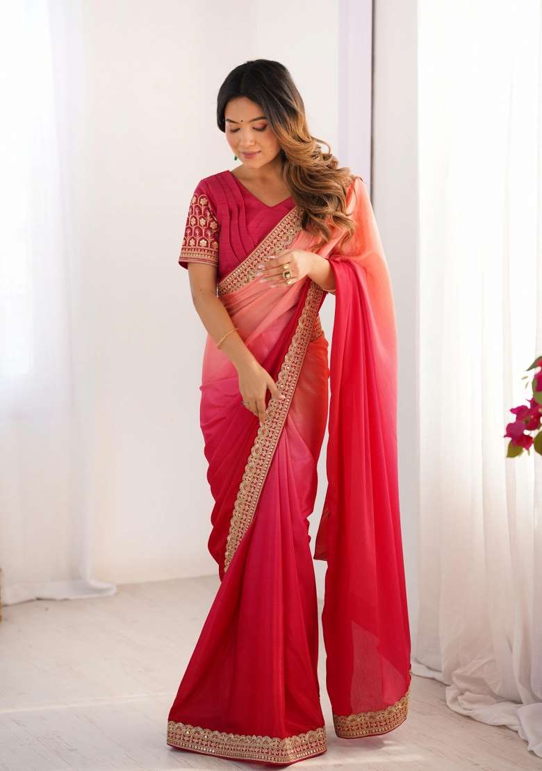 Rani Pink Thread And Sequins Work Silk Blend Saree Set - Indya