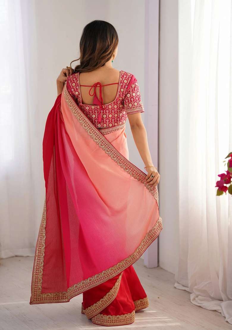 Rani Pink Thread And Sequins Work Silk Blend Saree Set - Indya