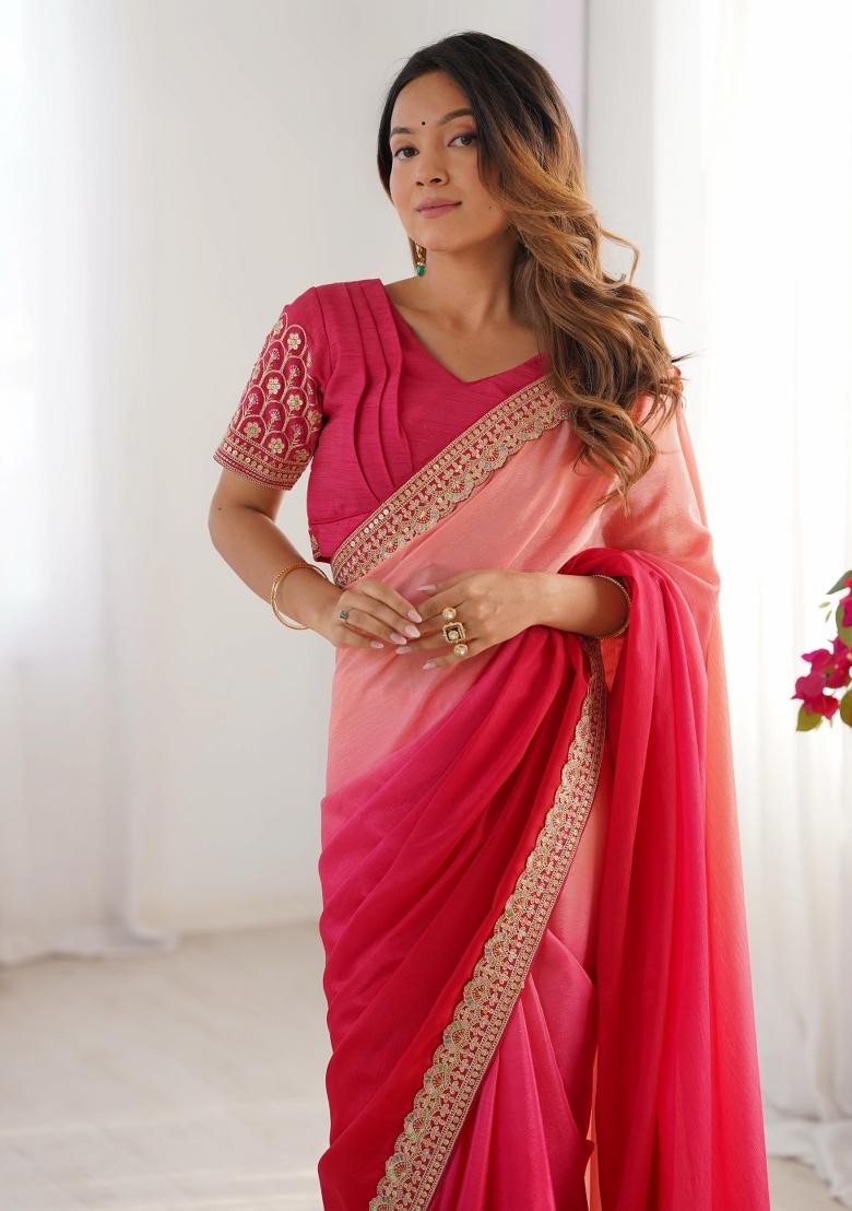 Rani Pink Thread And Sequins Work Silk Saree Set - Indya