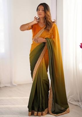 Mustard Yellow Olive Thread And Sequins Work Silk Saree Set